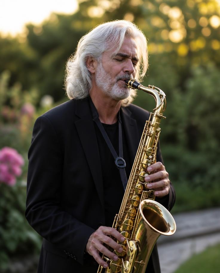 Brad McNeill performing solo saxophone in a garden