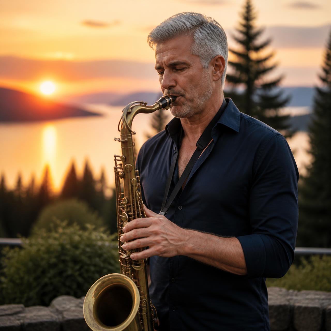 Saxy Bradley playing tenor saxophone at sunset over the water